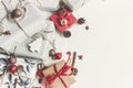 Christmas flat lay. wrapped presents with ornaments and pine co Royalty Free Stock Photo