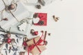 Christmas flat lay. wrapped presents with ornaments and pine co Royalty Free Stock Photo