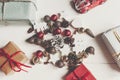 Christmas flat lay. wrapped presents with ornaments and pine con Royalty Free Stock Photo