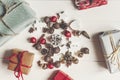 Christmas flat lay. wrapped presents with ornaments and pine con Royalty Free Stock Photo