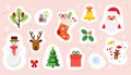 Christmas and Happy New Year holiday stickers set. Colorful festive vector illustrations collection. Happy holidays