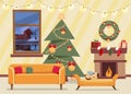 Christmas flat vector of decorated living room. Cozy home interior with furniture, sofa, window to winter evening landscape, Royalty Free Stock Photo