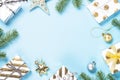 Christmas flatlay background - silver and gold decorations on bl