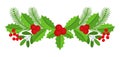 Christmas floral border. Spruce evergreen branch, poinsettia and holly berry Royalty Free Stock Photo