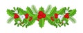 Christmas floral border. Spruce evergreen branch, poinsettia and holly berry Royalty Free Stock Photo