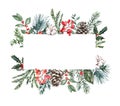 Christmas floral border. Watercolor pine branches, berries, leaves, pine cone frame. Winter greenery drop Royalty Free Stock Photo