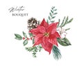 Christmas floral bouquet made with watercolor. winter plants, pine cone, branches arrangement Royalty Free Stock Photo