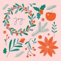 Christmas floral decoration set. Simple Xmas greeting card design elements with flowers, pine branches and red berries.