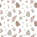 Christmas floral seamless patter with conifer cones and berries. Hand drawn vector illustration