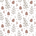 Christmas floral seamless patter with conifer cones and juniper branches. Hand drawn vector illustration