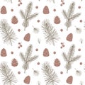 Christmas floral seamless patter with Christmas tree branches and cones. Hand drawn vector illustration