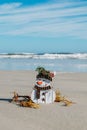 Christmas in Florida. Frosty snowman craft on  the shores of New Smyrna Beach, Florida Royalty Free Stock Photo