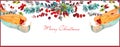 Christmas flower banner with angels and winter flowers, eucalyptus twigs, fir branches, Christmas trees, evergreens, berries and