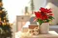 Christmas flower poinsettia with gift boxes on light table Royalty Free Stock Photo