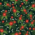 Christmas flowers red Poinsettia seamless vector pattern. Flat Scandinavian style abstract florals and leaves background