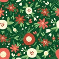 Christmas flowers red white seamless vector pattern. Flat Scandinavian style abstract florals and leaves background Royalty Free Stock Photo