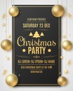 Christmas flyer for party. Xmas concept. Festive balls and golden stars. Serpentine and confetti. DJ and club name. Greeting card Royalty Free Stock Photo