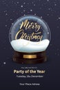 Christmas flyer. Winter Holiday design with realistic snow globe and Merry Christmas calligraphy Royalty Free Stock Photo