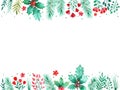 Christmas Foliage Border With Holly, Pine Needles Red Flowers and Leaves Royalty Free Stock Photo