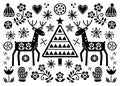 Christmas folk art greeting card with reindeer, flowers, Xmas tree and winter clothes pattern in black on white background - Merr