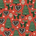 Christmas folk art seamless pattern. Repeating background with Nordic ornaments, trees, reindeer, hearts. Scandinavian