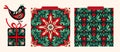 Christmas Folk Art Star Floral Boho Seamless Pattern Vextor Set. Swedish Scandinavian Holiday Collection.