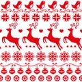 Christmas cute folk art vector seamless pattern with birds, reindeer and snowflakes, Scandinavian and Nordic inspired wallpaper, t Royalty Free Stock Photo