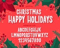 Christmas font. Holiday typography alphabet with festive illustrations and season wishes