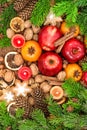 Christmas food background Fruits cookies spices nuts