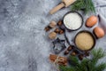Christmas Food Bakery Concept. Ingredients for cooking baking - flour, brown sugar, eggs, spices Royalty Free Stock Photo