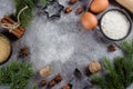 Christmas Food Bakery Concept. Ingredients for cooking baking - flour, brown sugar, eggs, spices Royalty Free Stock Photo