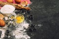 Christmas food Baking ingredients and tolls Flour eggs rolling pin Royalty Free Stock Photo