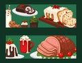 Christmas food banner and desserts holiday decoration xmas sweet celebration vector traditional festive winter cake