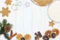 Christmas food. copyspace. Homemade gingerbread cookies with ingredients for Christmas baking and kitchen utensils on a white tabl