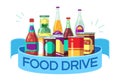 Christmas food drive. Canned soup and drinks, gift homeless vector concept