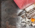 Christmas food. Flour, eggs, spices, rolling pin, cookie cutters Royalty Free Stock Photo