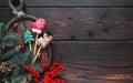 Christmas food: gingerbread on a stick. Deer, green christmas tree and red mitten cookies lay on wooden table with fir