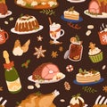 Christmas food pattern. Seamless Xmas background with traditional dishes, winter holiday meals, drinks, desserts