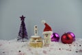 Christmas food photography using marshmallows shaped as snowman and standing in snow with cream sponge fairy cake and baubles Royalty Free Stock Photo