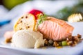 Christmas food with salmon fillet and decoration home hotel or r