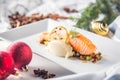 Christmas food with salmon fillet and decoration home hotel or r