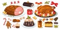 Christmas food set. Cartoon traditional christmas dinner with roasted turkey, baked sweet pies and desserts, turkey