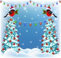 Christmas forest and bullfinches with lantern garland