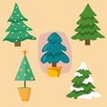 Christmas forest trees with snow flat set. Green snowy fir tree of different shapes in flat styl Royalty Free Stock Photo