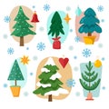 Christmas forest trees with snow flat set. Green snowy fir tree of different shapes in flat style Royalty Free Stock Photo