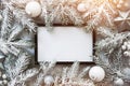 Christmas frame background with xmas tree and xmas decorations. Merry christmas greeting card, banner. Winter holiday theme. Royalty Free Stock Photo