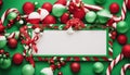 christmas frame with balls and ribbon A cute blank Christmas sign with a red background and a green border. Royalty Free Stock Photo