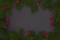 Christmas frame, banner for advertising or New Year card, pine branches, Christmas tree decorations and red berries on a black Royalty Free Stock Photo