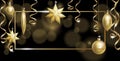 Christmas Frame Banner Template. Ball Fir Toys star golden silver sparkle serpentine streamer. New Year tree decoration