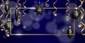 Christmas Frame Banner Template. Ball Fir Toys star golden silver sparkle serpentine streamer. New Year tree decoration Royalty Free Stock Photo